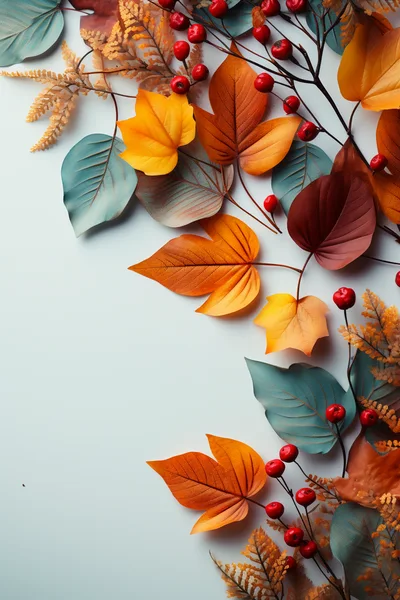 Autumnal Foliage Arrangement With Berries On White Background