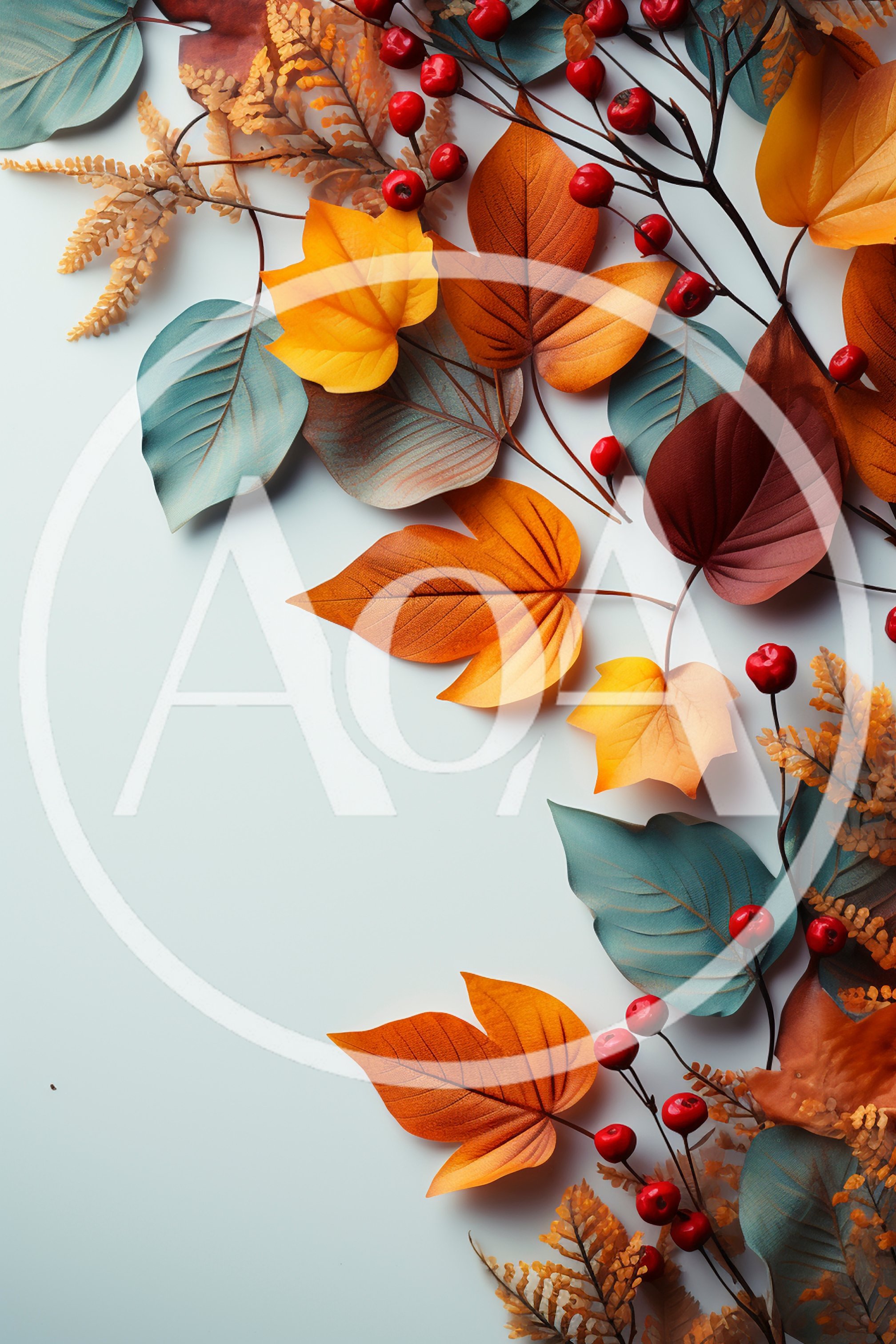 Autumnal Foliage Arrangement With Berries On White Background