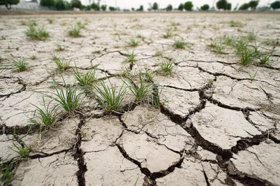 Dry Cracked Earth With Sparse Green Grass
