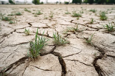 Small Green Grass Growing Through Cracked Dry Earth