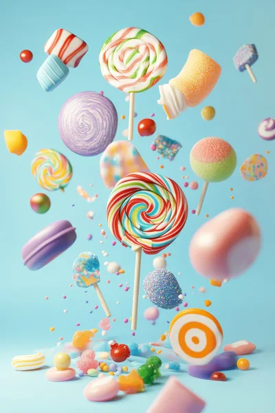 Assorted Colorful Candies Floating Against A Blue Background
