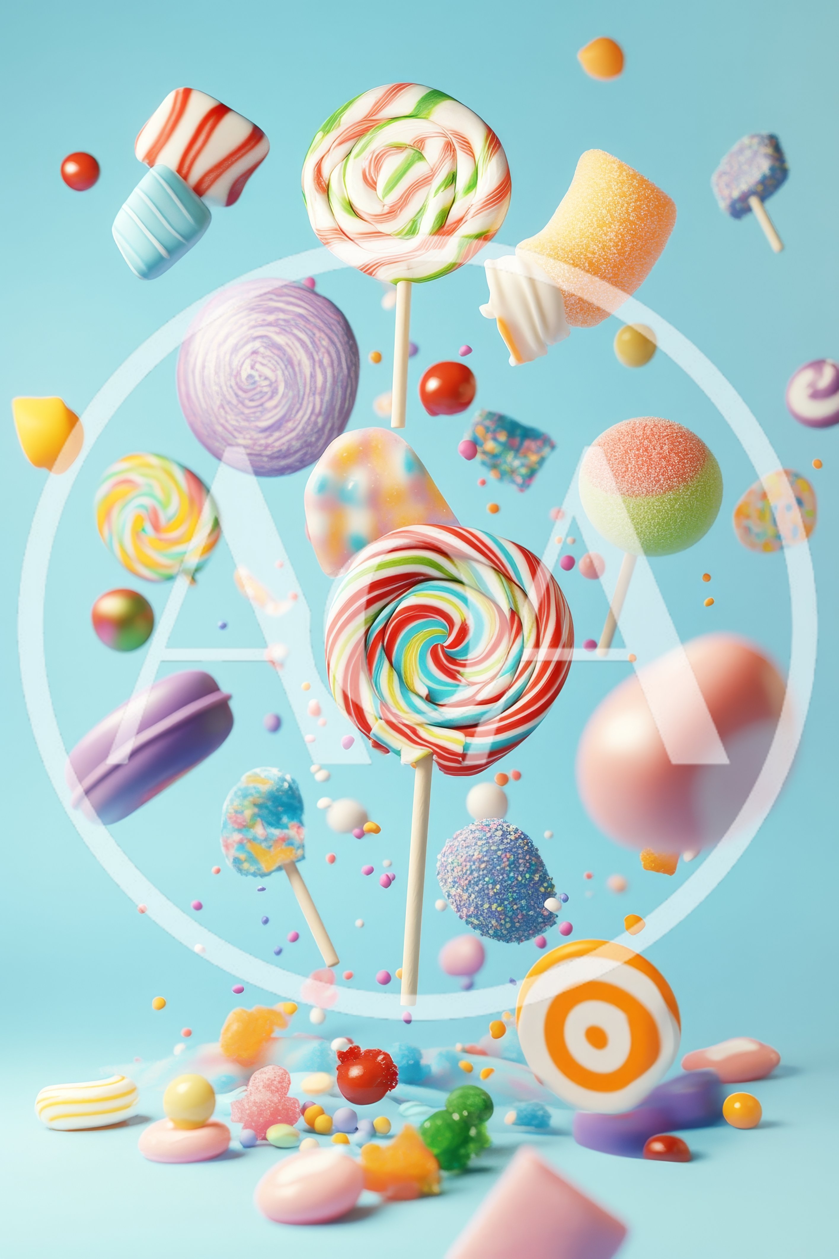 Assorted Colorful Candies Floating Against A Blue Background