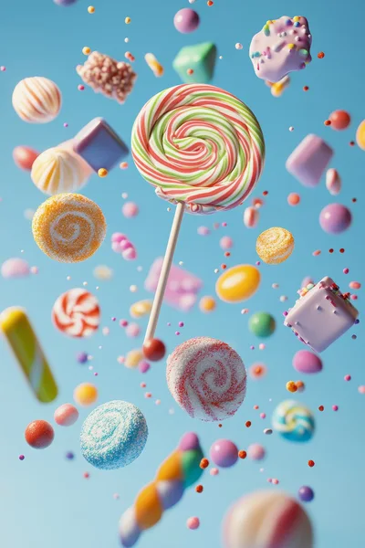 Floating Assorted Candies and Lollipop on Blue Background