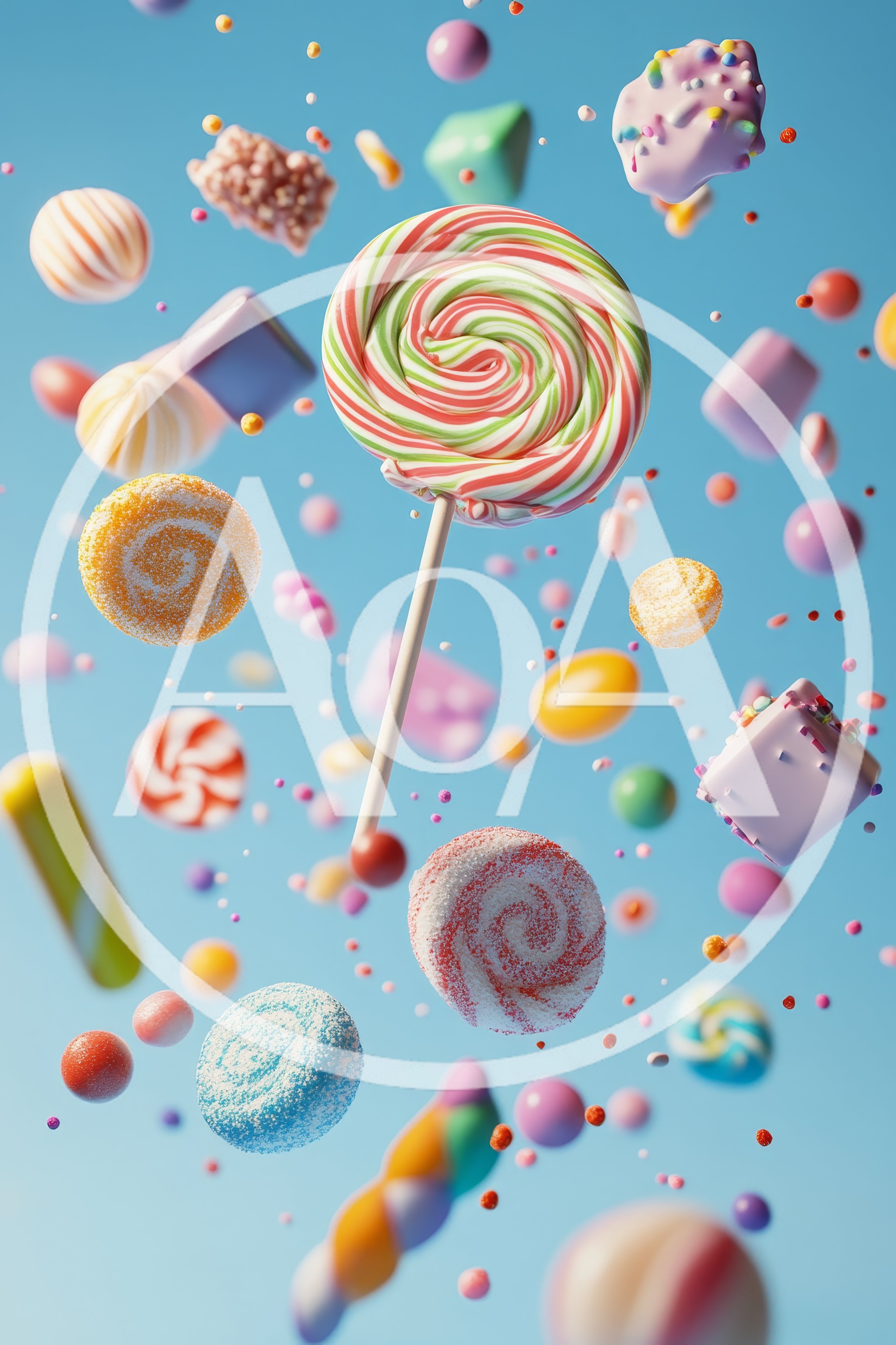 Floating Assorted Candies and Lollipop on Blue Background