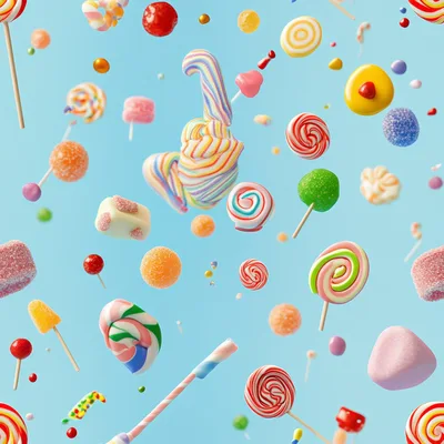 Floating Assorted Candies and Lollipops on Blue Background