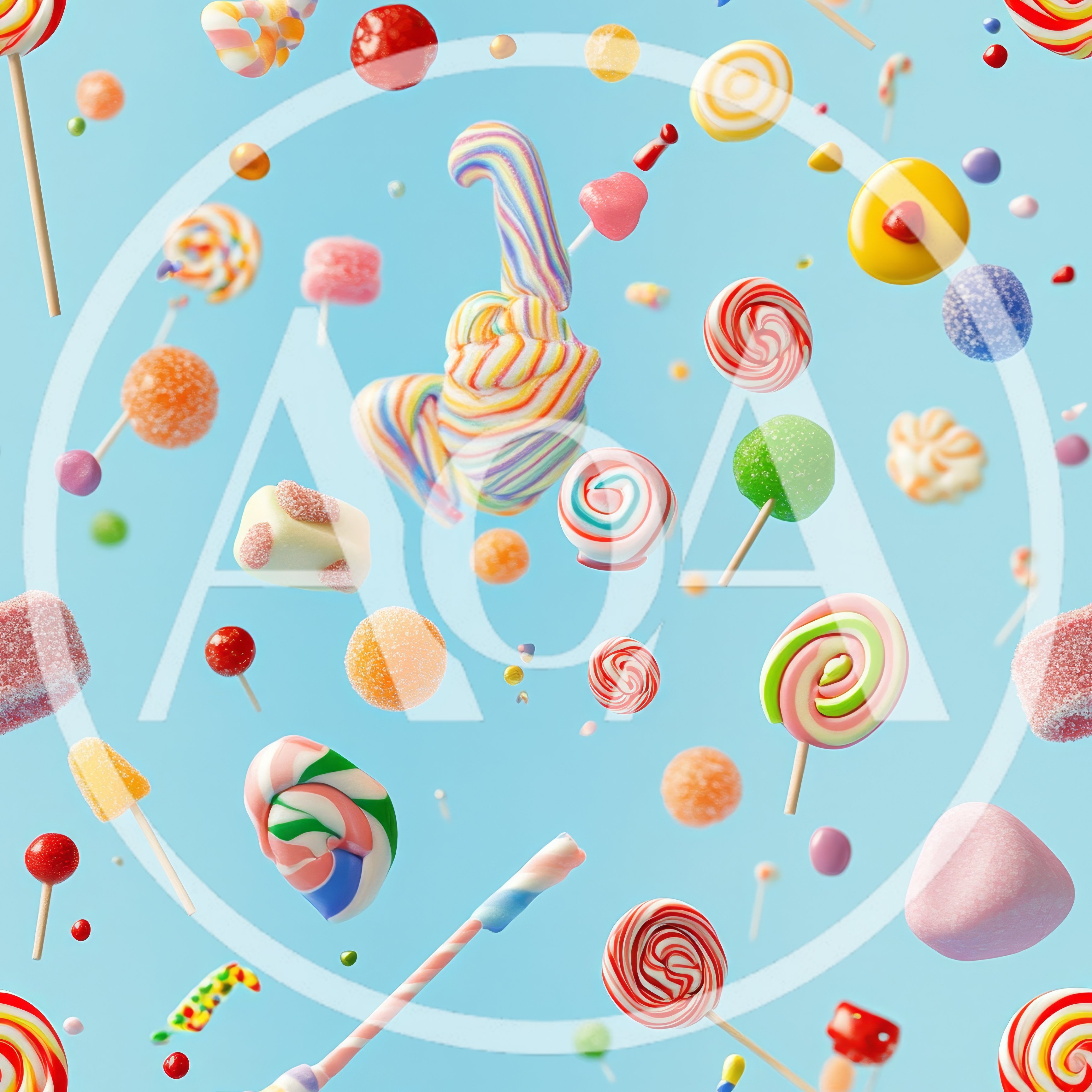 Floating Assorted Candies and Lollipops on Blue Background