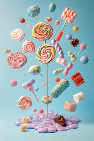 Assorted Candies Floating Above A Puddle Of Melted Sugar
