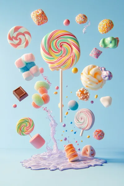 Assorted Candies Floating Above A Liquid Splash