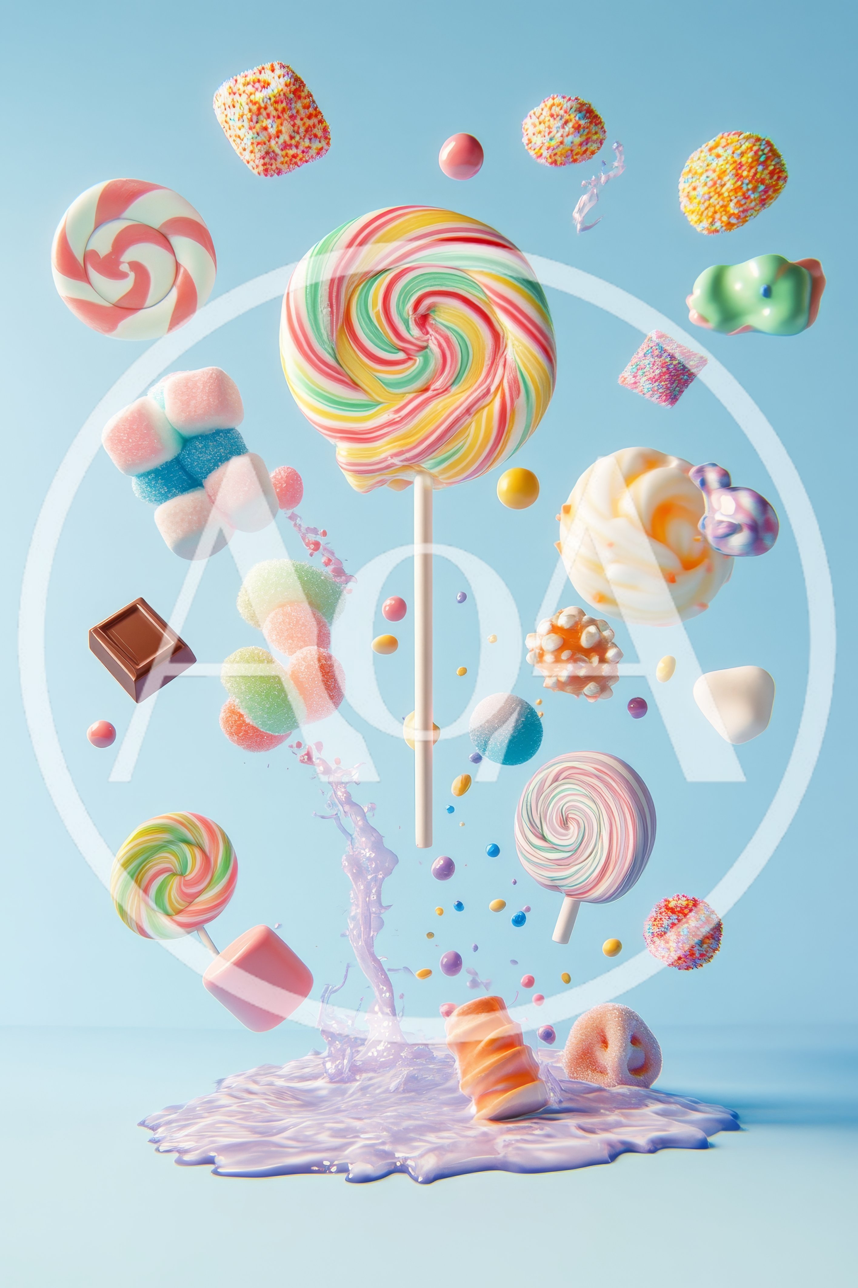 Assorted Candies Floating Above A Liquid Splash