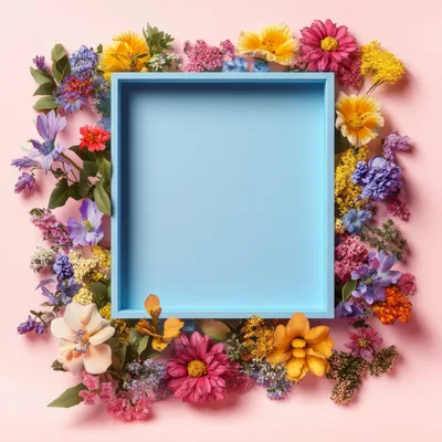 Blue Rectangular Frame Surrounded By Colorful Spring Flowers