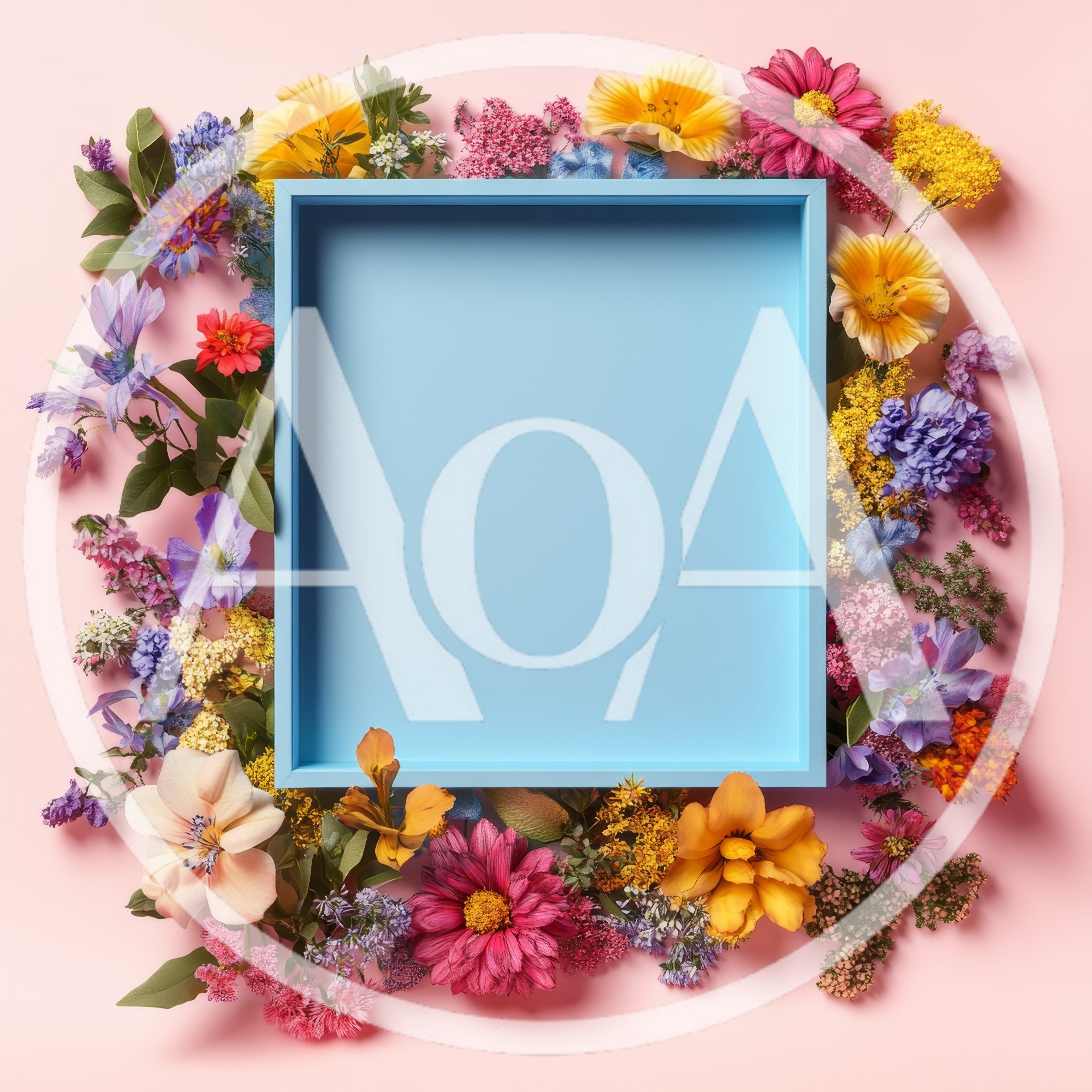 Blue Rectangular Frame Surrounded By Colorful Spring Flowers
