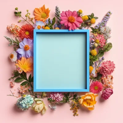 Blue Picture Frame Surrounded By Colorful Spring Flowers