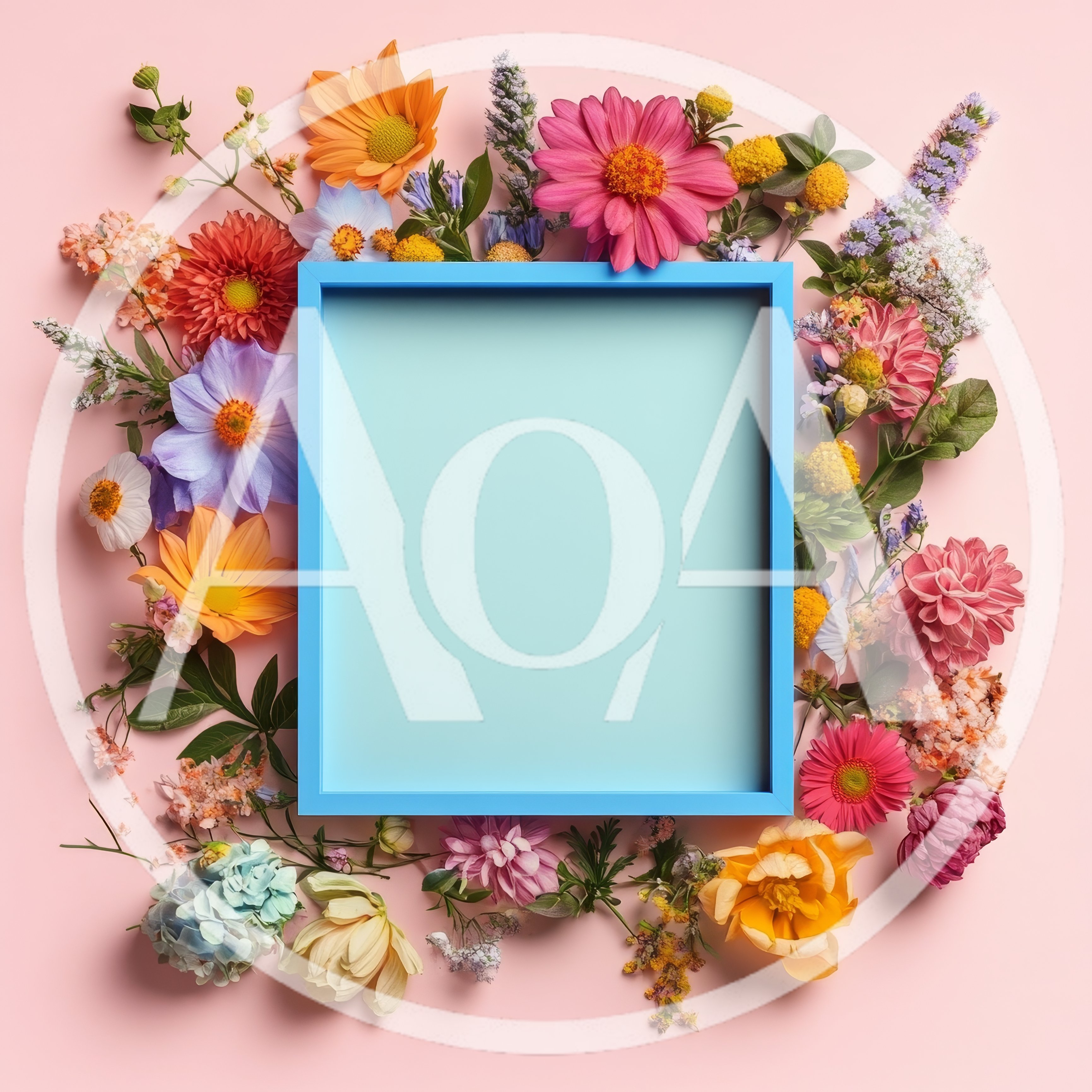 Blue Picture Frame Surrounded By Colorful Spring Flowers