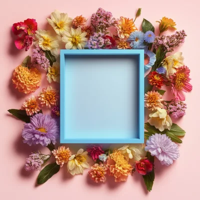 Blue Picture Frame Surrounded By Colorful Spring Flowers