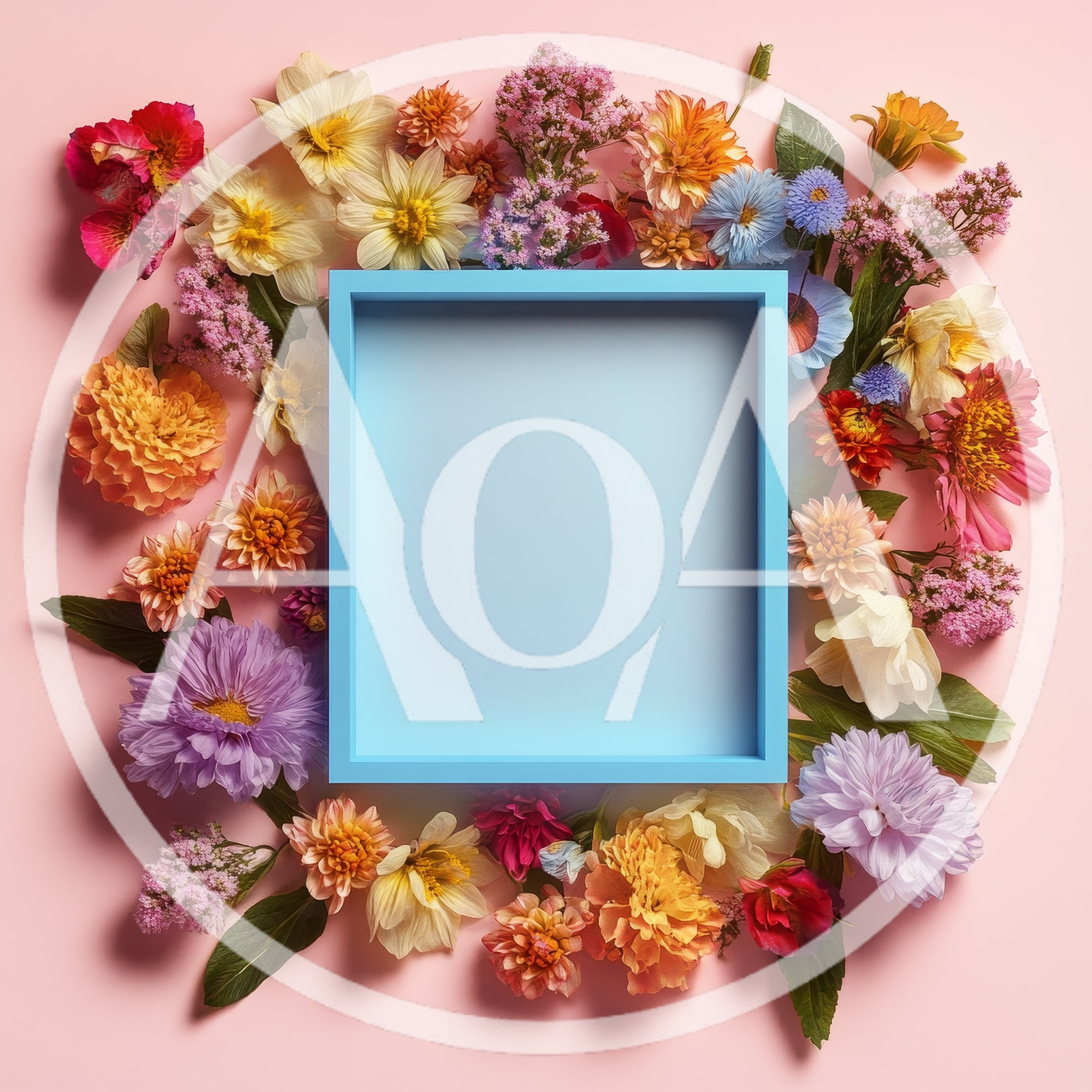 Blue Picture Frame Surrounded By Colorful Spring Flowers