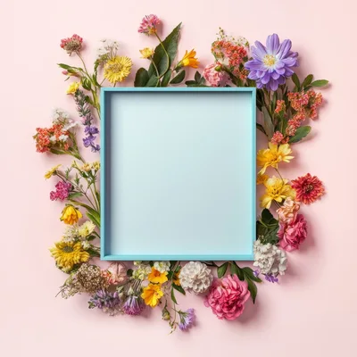 Blue Picture Frame Surrounded By Colorful Spring Flowers