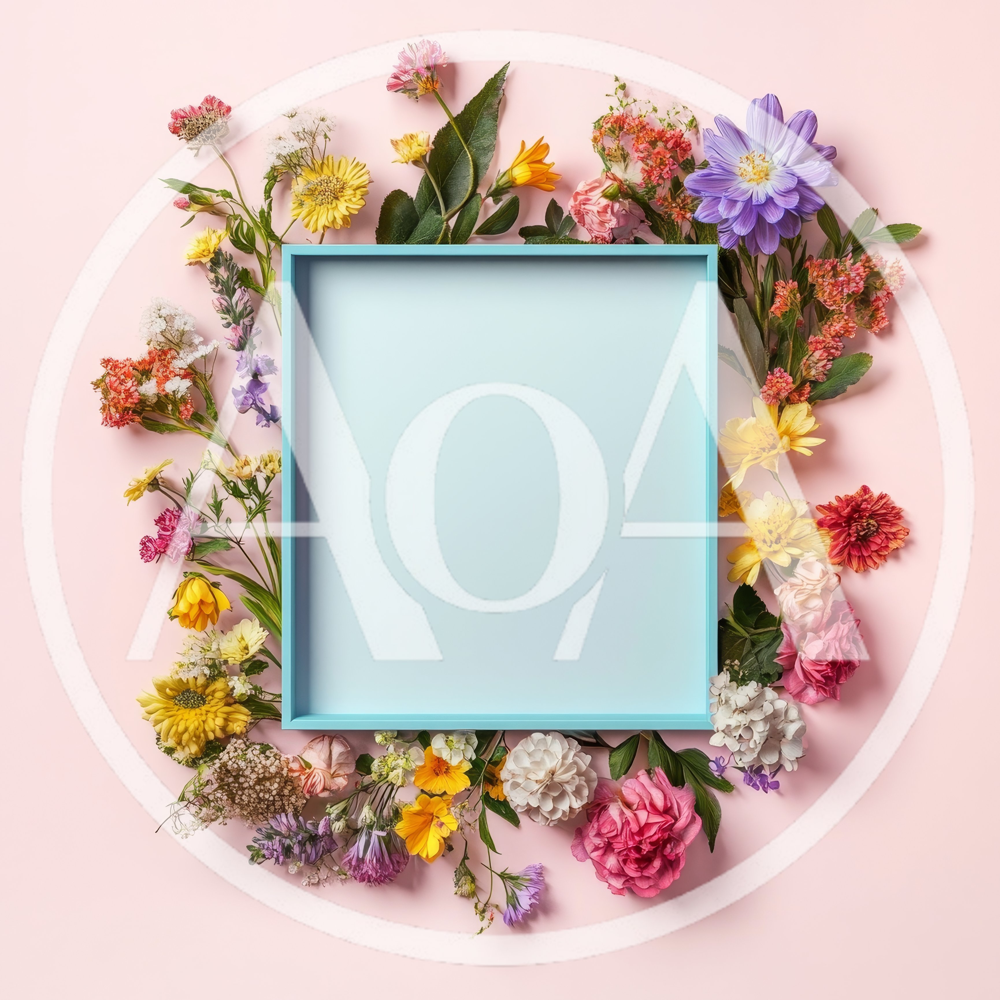 Blue Picture Frame Surrounded By Colorful Spring Flowers