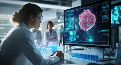 Scientist Analyzing Viral Structure On Computer In Laboratory