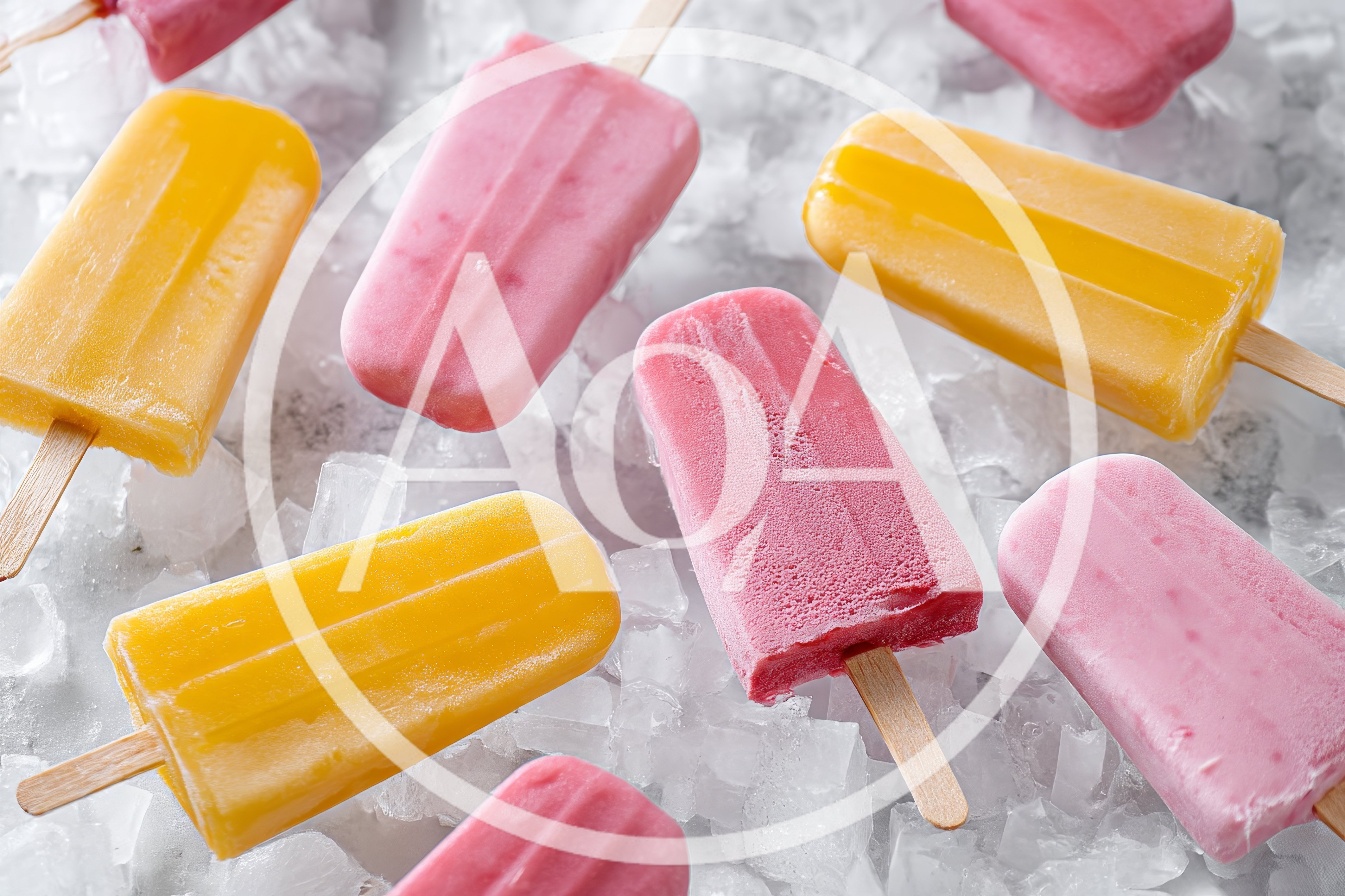 Assorted Fruit Popsicles Resting On Crushed Ice