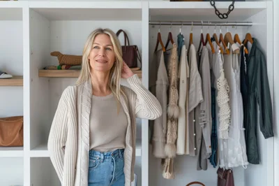 Mature Woman Choosing Clothes In A Modern Walk In Closet