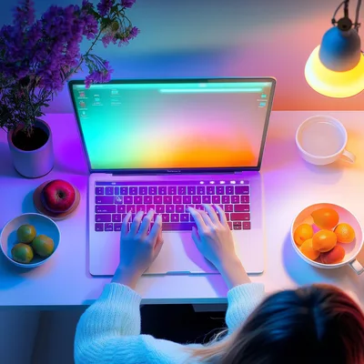 Woman Typing On Laptop At Desk With Fruit