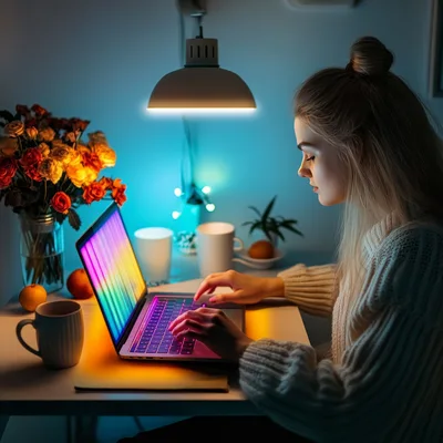 Young Woman Working On Laptop At Night