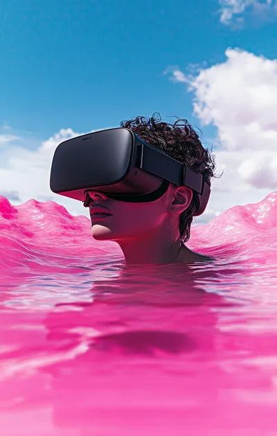 Person Wearing Virtual Reality Headset In Pink Water