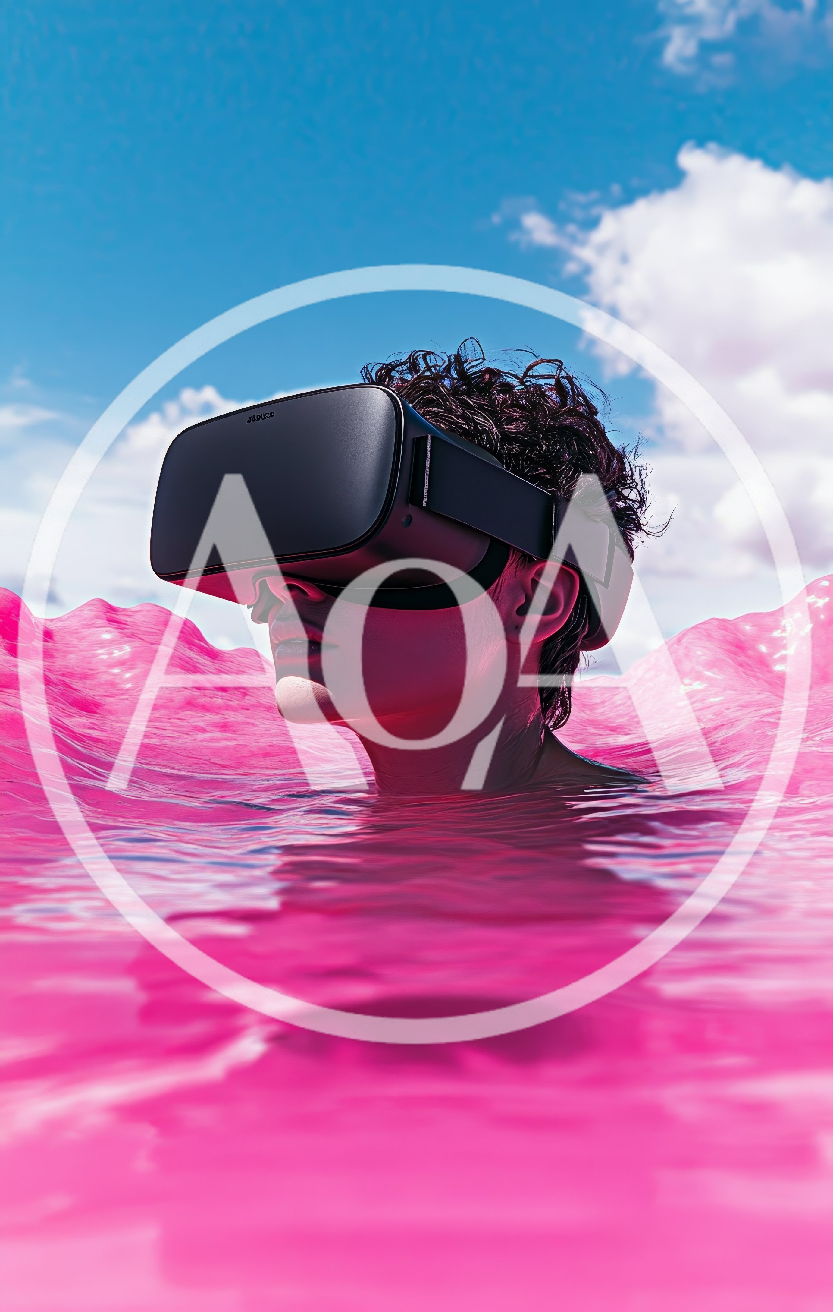 Person Wearing Virtual Reality Headset In Pink Water