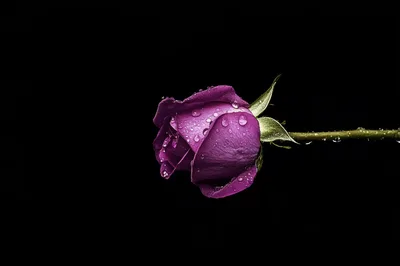 Single Purple Rose With Water Droplets On Black Background