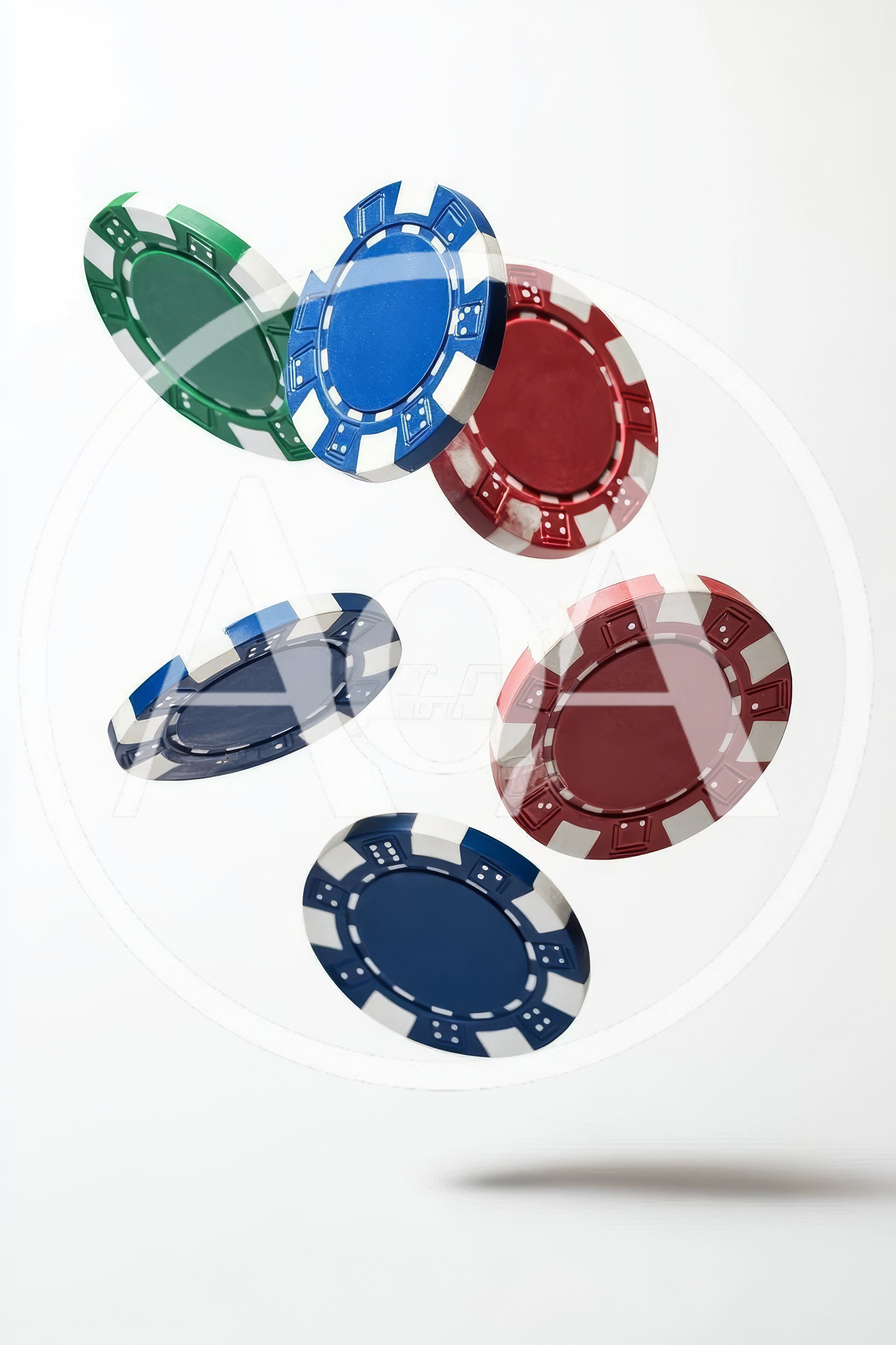 Five Colorful Casino Poker Chips Floating in Midair