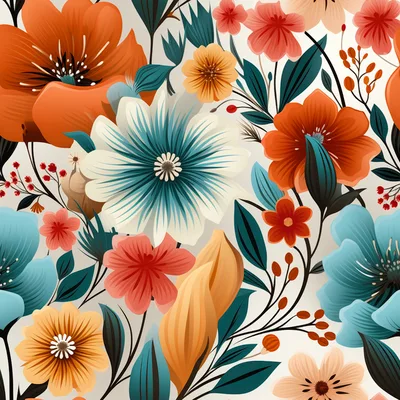 Seamless Floral Pattern With Vibrant Orange And Blue Flowers