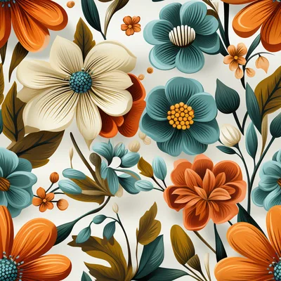 Seamless Floral Pattern With Orange And Teal Flowers