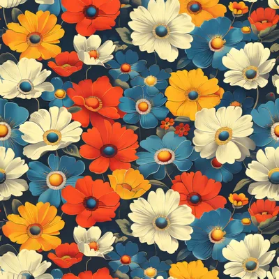 Seamless Floral Pattern With Vibrant Red Blue And Yellow Flowers