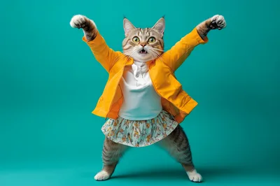 Anthropomorphic Cat Wearing Yellow Jacket And Floral Skirt