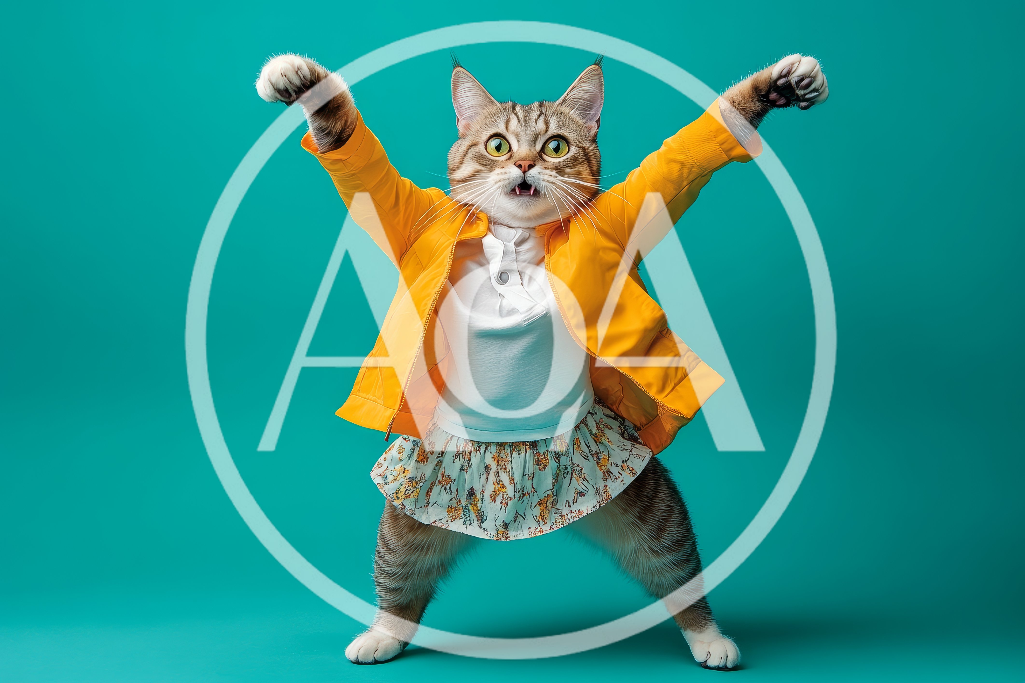 Anthropomorphic Cat Wearing Yellow Jacket And Floral Skirt