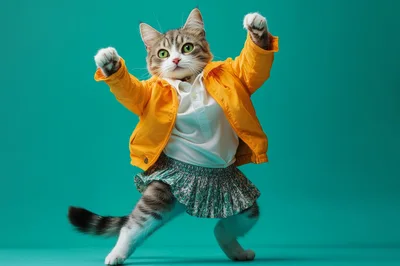 Anthropomorphic Cat Dancing In Yellow Jacket And Skirt