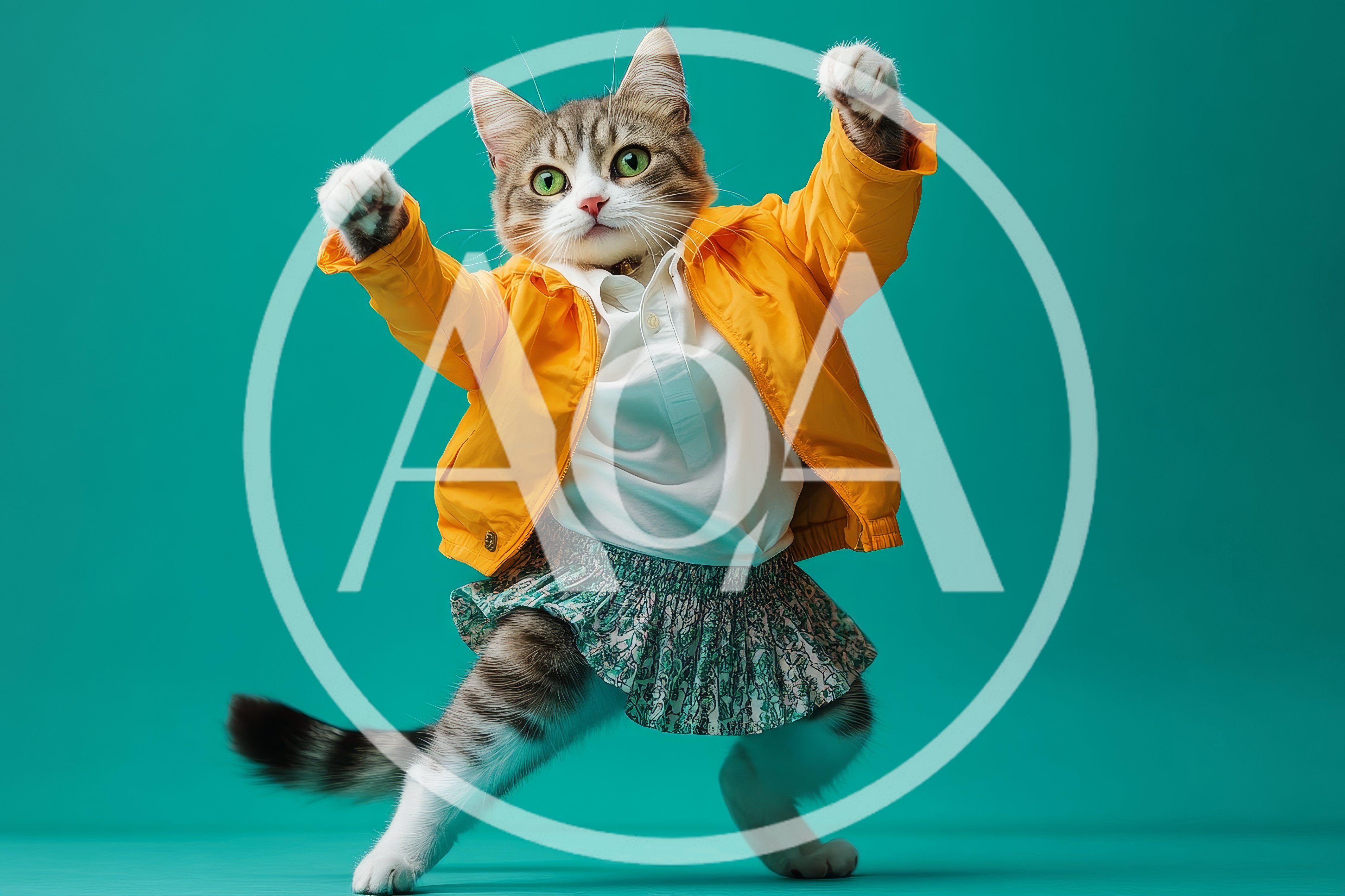 Anthropomorphic Cat Dancing In Yellow Jacket And Skirt