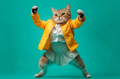 Anthropomorphic Cat Wearing Yellow Jacket And Skirt
