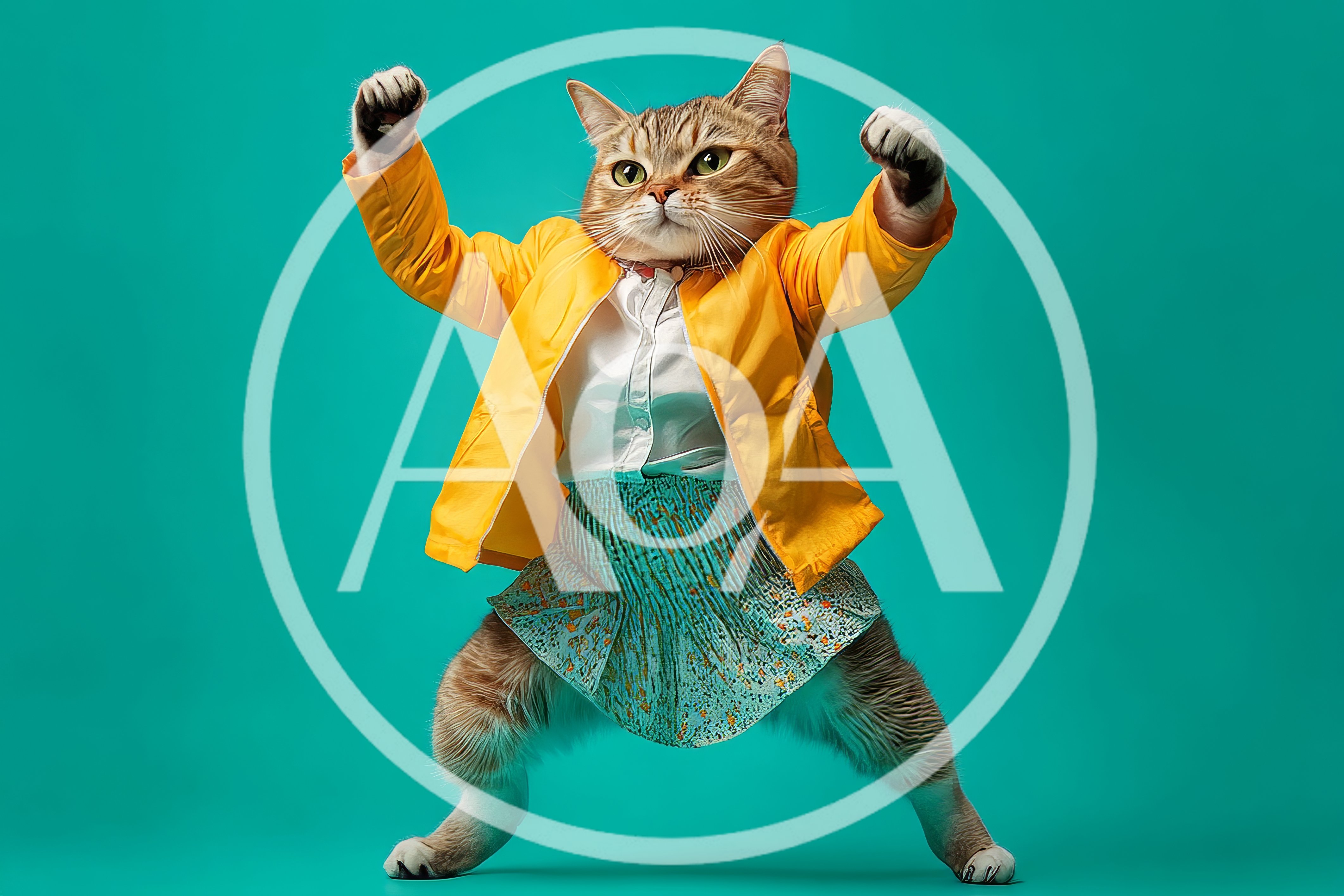 Anthropomorphic Cat Wearing Yellow Jacket And Skirt