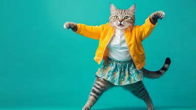 Anthropomorphic Cat Wearing Yellow Jacket And Floral Skirt