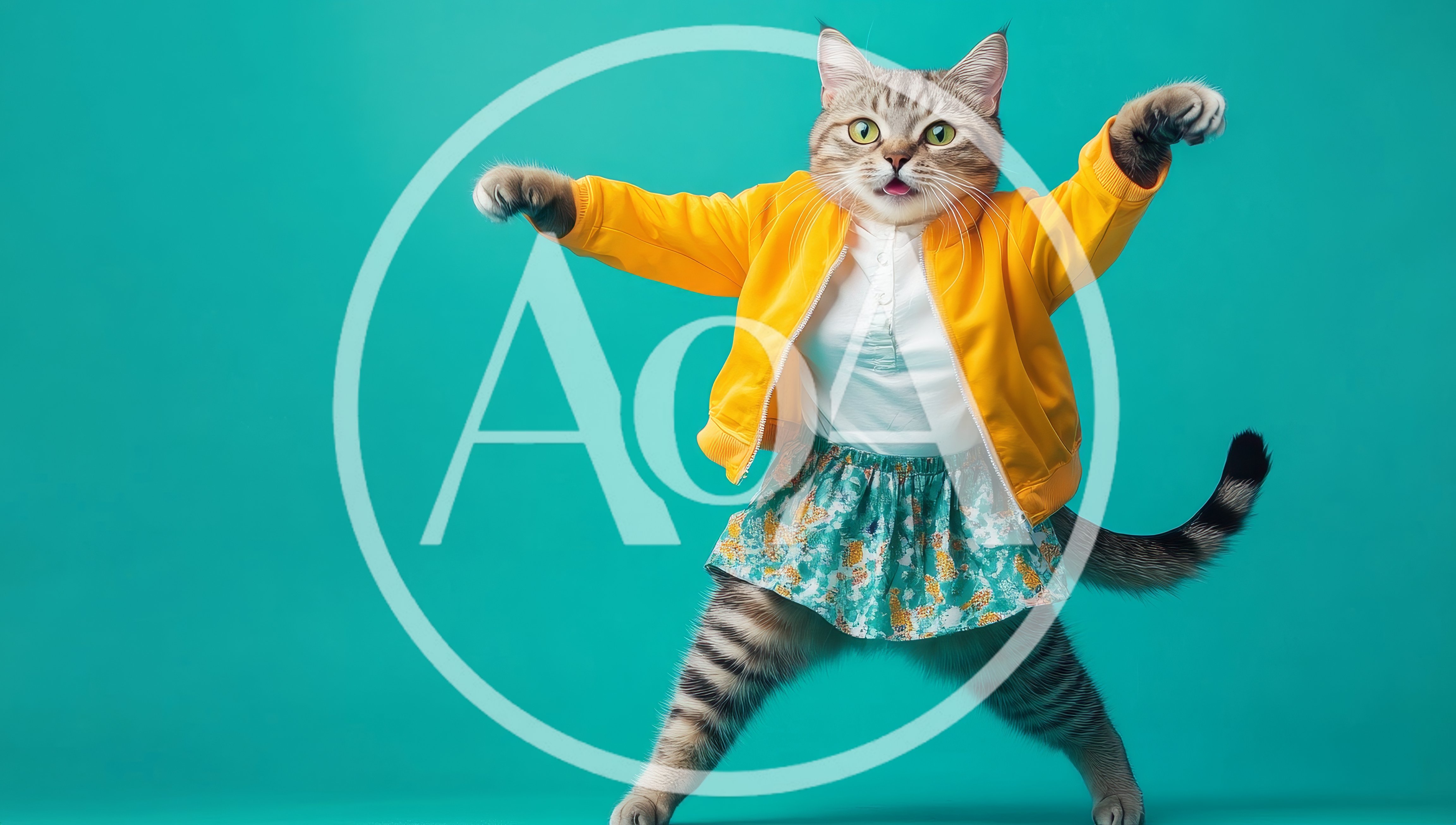 Anthropomorphic Cat Wearing Yellow Jacket And Floral Skirt