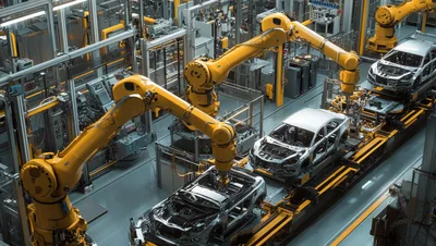 Automated Robotic Arms Assembling Car Chassis In Factory