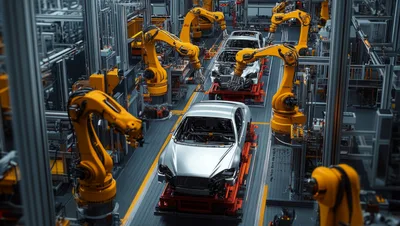 Automated Robotic Arms Assembling Car Chassis In Factory