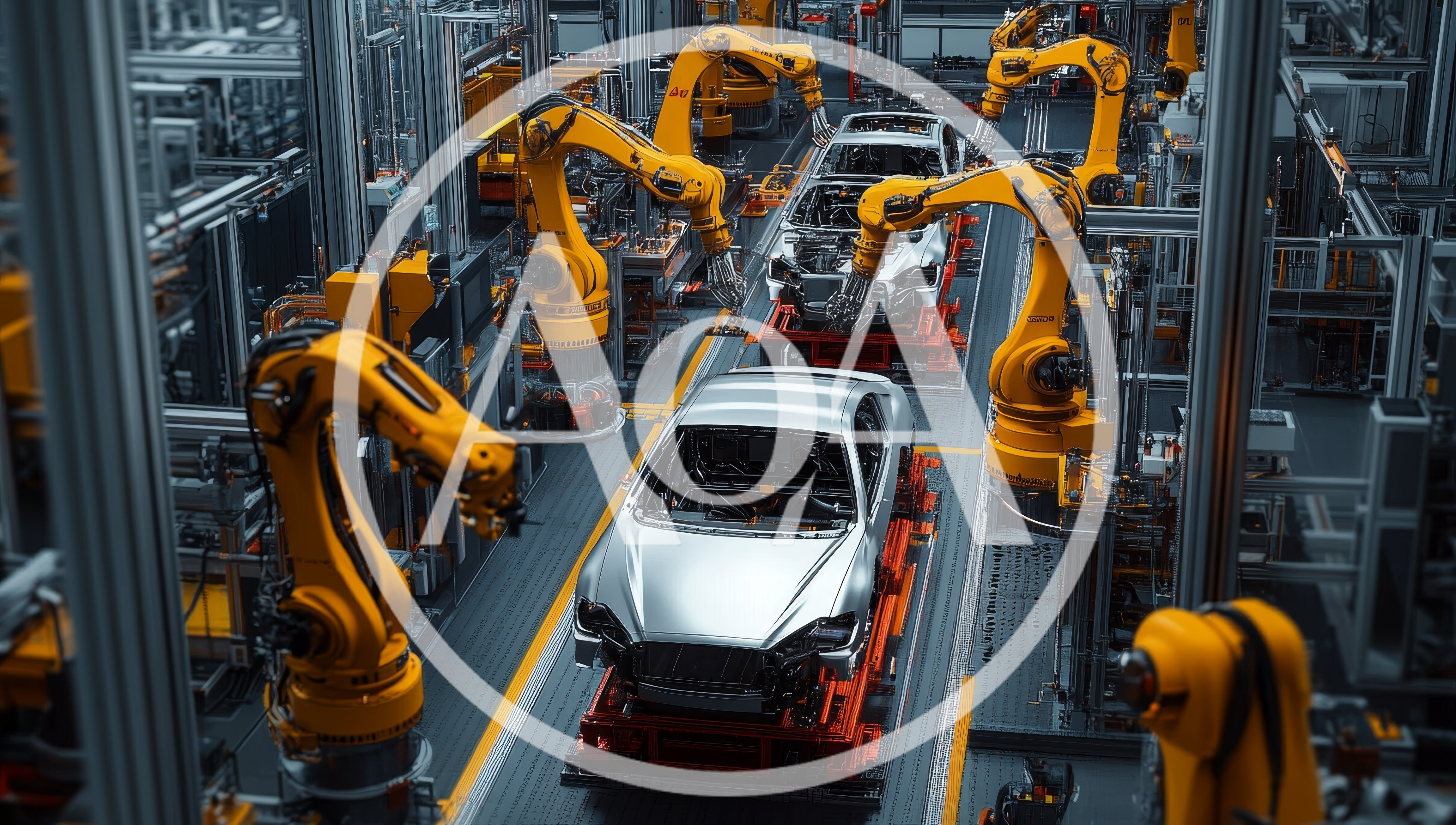 Automated Robotic Arms Assembling Car Chassis In Factory
