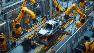 Automated Robotic Arms Assembling Car Chassis In Factory