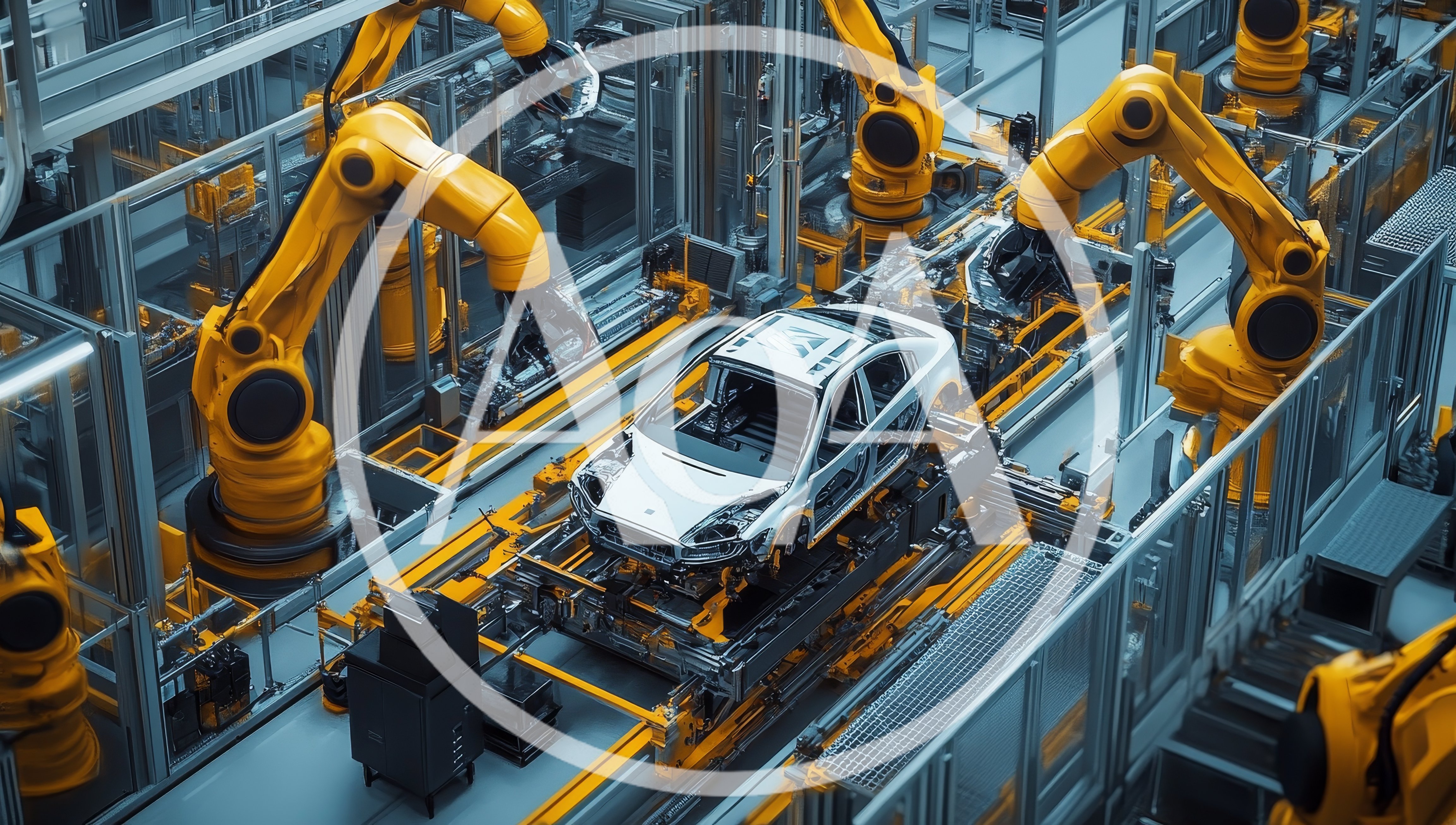 Automated Robotic Arms Assembling Car Chassis In Factory