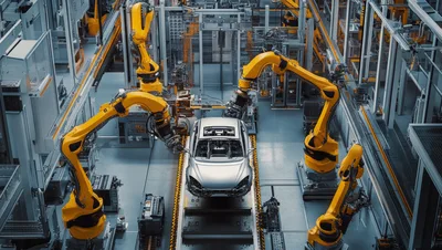 Automated Robotic Arms Assembling Car Chassis In Factory