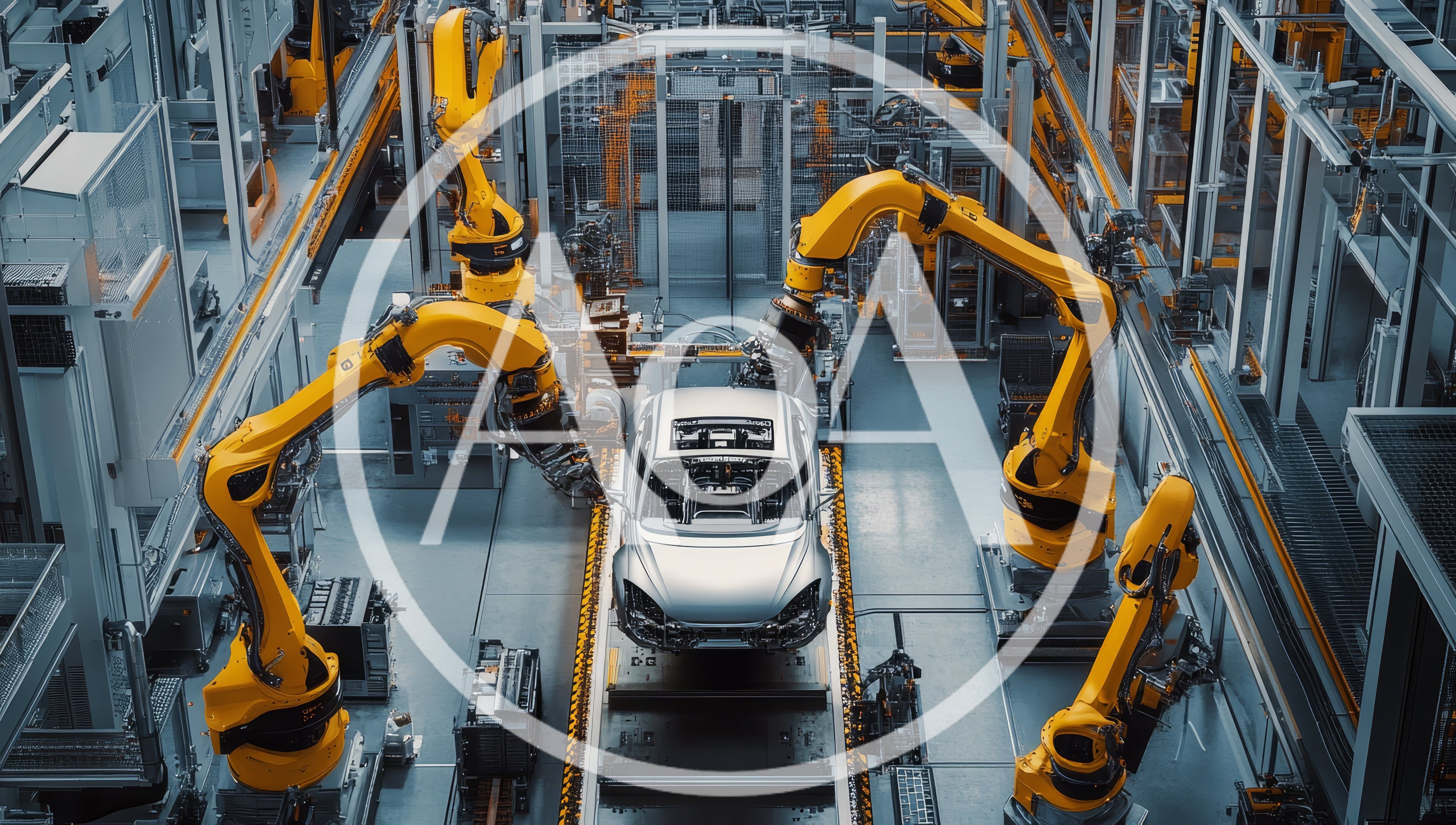 Automated Robotic Arms Assembling Car Chassis In Factory