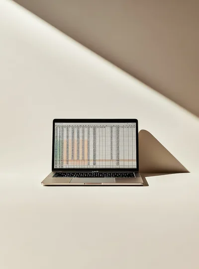 Laptop Displaying Spreadsheet Data On Minimalist Background