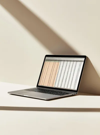 Laptop Displaying Spreadsheet Data On Minimalist Desk